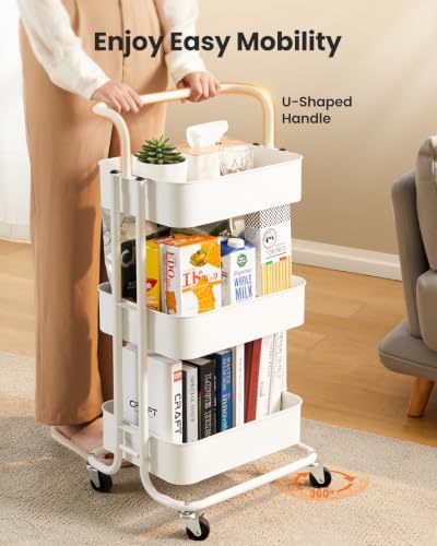 Pipishell 3 Tier Rolling Cart, Utility Cart with Wheels & Handle, White - Image 3