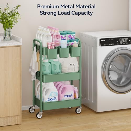YASONIC 3-Tier Rolling Cart, Green, 66 Pounds Capacity, Mesh Storage Organizer with Lockable Wheels, 3 Hanging Cups, 4 Hooks, Easy Assembly, for Kitchen, Bathroom, Laundry, Grocery - Image 2