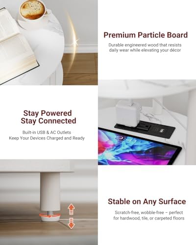XBurmo Small Round End Table - 3 Tier Design Accent Table, Narrow Side or Bedside Stand, Industrial Vintage Table for Small Spaces, Built-in USB Ports and Power Outlet, Marble White - Image 3