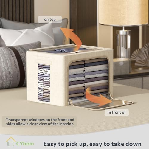 CYhom Clothes Storage Bins Box - Linen Fabric Foldable Stackable Container Organizer Set with Clear Window & Carry Handles & Metal Frame - 2Pack Large Capacity for Bedding, Blankets, Books - Image 2
