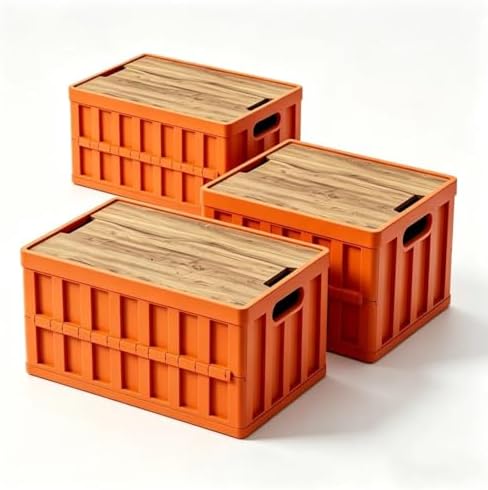3 Pack Orangered 50L Collapsible Storage Crate with Wooden Lid by Unknown