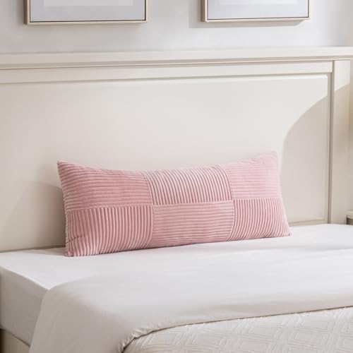 Fancy Homi Set of 2 Blush Pink Boho Long Lumbar Body Decorative Throw Pillow Cover 14x36 Inch for Bed Couch Bedroom Bench, Soft Patchwork Corduroy Textured Pillow Case, Rustic Farmhouse Room Décor - Image 6