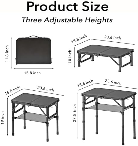 YihuiKo Small Folding Camping Table with Storage Net, Adjustable Heights - Image 3