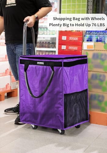 (Medium,Violet) Reusable Grocery Bag on Wheels, 70L Foldable Rolling Tote, Extra Storage for Shopping, Zipper Clouser Shopping Carts for Groceries, Laundry, Camping, Moving, 4 Heavy Duty Wheels - Image 3