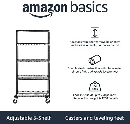 Amazon Basics 5-Shelf Heavy Duty Garage Shelving Storage Rack with 4" Wheel Casters, Adjustable Metal Wire Organizer, 300 lbs Per Shelf, 30" x 14" x 64.75", Black - Image 4