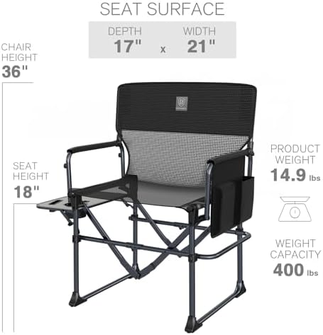 EVER ADVANCED Camping Directors' Chair with Side Table, Portable Folding with Compact Size, Breathable & Quick Dry Design Heavy Duty Lawn Chair with Pocket, 400lbs, Textilene Mesh, Black - Image 3