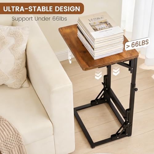 Folding Side Table, Adjustable C-Shaped End Table for Couch, Metal Frame TV Tray Table for Sofa Living Bedroom Bedside Coffee Small Spaces (Brown, 15.8" L x 11.8" W) - Image 3