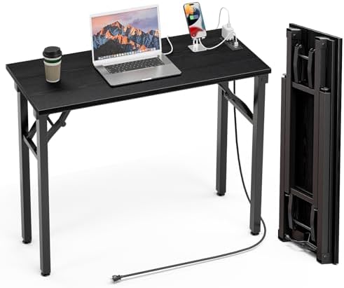 TEMI Small Computer Desk Folding Table - No Assembly, Compact 35.8" Foldable Desk with Power Outlets & USB Charging Port, Portable Small Office Desk, Ideal Mini Study Table, Dark Oak by TEMI