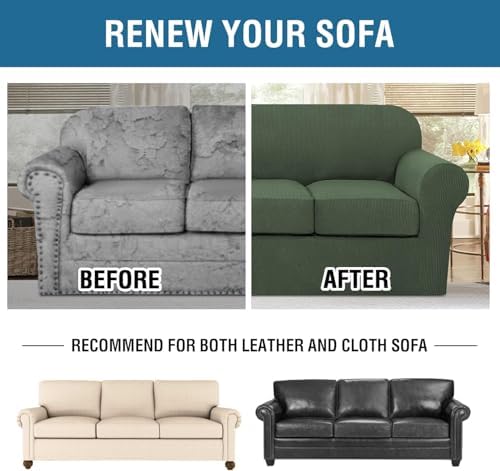 H.VERSAILTEX 4 Piece Stretch Sofa Covers for 3 Cushion Couch Covers for Living Room Furniture Slipcovers (Base Cover Plus 3 Seat Cushion Covers) Thicker Jacquard Fabric (Large Sofa, Bronze Green) - Image 7