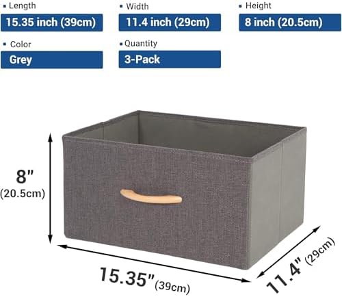 Large Storage Bins, Foldable Storage Baskets with Wooden Handles, Fabric Clothes Storage Boxes for Shelves for Organizing Closet Shelf Nursery, Grey 3-Pack - Image 2