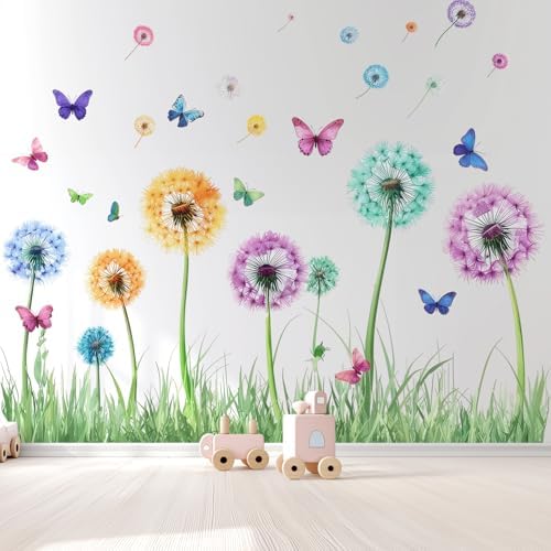 Colorful Floral Flower Dandelion Butterfly Wall Decals Stickers Decor Art | Removable butterflies spring grass wall decor stickers mural - nature art for living room bedroom nursery kids room classroom - Image 4
