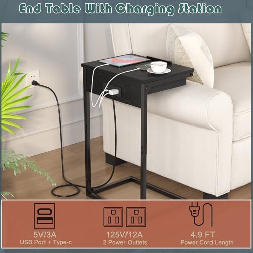 sthmec C Shaped End Table with Charging Station,45° Tiltable Adjustable Flip Top Side Table Set of 2,Small C Table Set 2 for Small Spaces,Slide Under Couch Sofa Bedside Table Living Room, Black - Image 5
