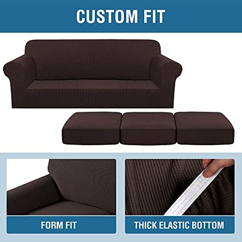 H.VERSAILTEX 4 Piece Stretch Sofa Covers for 3 Cushion Couch Covers for Living Room Furniture Slipcovers (Base Cover Plus 3 Seat Cushion Covers) Upgraded Thicker Jacquard Fabric (Sofa, Chocolate) - Image 4