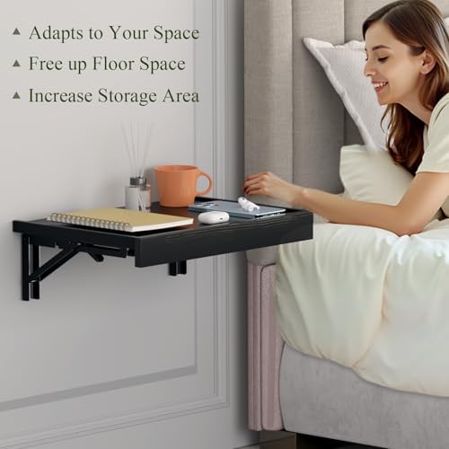 TEAMIX Wall Mounted Folding Bedside Shelf, Black Wood Floating Nightstand Table with Heavy-Duty Brackets, 16.5''x12'' Space Saving Bed Side Tray Storage for Bedroom, Living Room, Dorm (Black, Basic) - Image 4