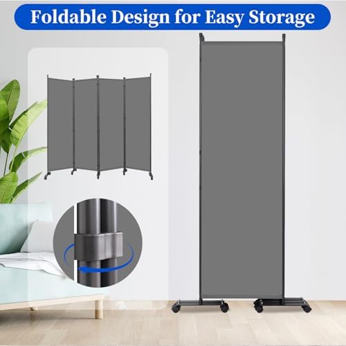 Room Divider 6FT 4 Panel Folding Privacy Screen with Lockable Wheels,Grey - Image 2