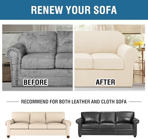 H.VERSAILTEX 4 Piece Stretch Sofa Covers for 3 Cushion Couch for Living Room Furniture Slipcovers (Base Cover Plus 3 Seat Cushion Covers) Thicker Jacquard Fabric (Large Sofa, Cream) - Image 7
