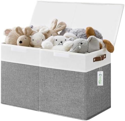 Bagnizer Large Toy Storage Box with Lids, Collapsible Sturdy Baby Storage Organizer Chest Bin Basket for Kids, Boys, Girls, Playroom, Nursery, Bedroom, Closet 25"x13"x16" (Gray and White) by Bagnizer