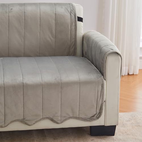Great Bay Home Velvet Loveseat Cover - Washable Slipcover Furniture Protector with Elastic Straps - Furniture Cover for Dogs, Kids, and Pets - Stitched Detail (Wild Dove Grey) - Image 4