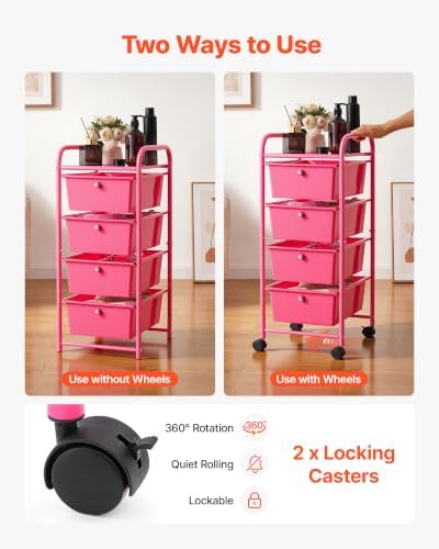 VEVOR Rolling Cart with Drawers, 4 Drawer Storage Organizer, Mobile Utility Cart with Steel Frame, Universal Casters & 2 Brakes, for Office, Classroom, Craft Tools, Garage, Cleaning Supplies, Rose Red - Image 3