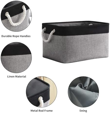TheWarmHome Collapsible Storage Bin for Shelves - 16x12x8 inch Large 3 Pack Storage Basket for Organizing with Rope, Fabric Storage Cubes for Organizer Toy Cloth Gift Closet (Black & Grey) - Image 5