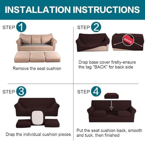 Turquoize 4 Piece Sofa Covers for 3 Cushion Couch Sofa Slipcover Soft Couch Cover for Dogs Washable Furniture Cover with 3 Individual Large Cushion Covers Feature Fabric (Large Sofa, Brown) - Image 6