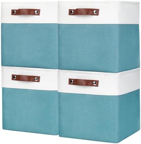 Bagnizer Collapsible Fabric Storage Cubes 11x11 Cube Storage Bins, 4 Pack Closet Baskets Box with Handles for Organizing, Shelf, Toys, Clothes, Home, Office, Nursery (Teal&White) by Bagnizer