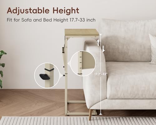 Vagusicc C-Shaped End Table with Charging Station, Small Side Table for Couch, 33" Tall C Table Adjustable Height Side Table, Couch Tables that Slide Under, Sofa Table TV Tray for Living Room, Natural - Image 5
