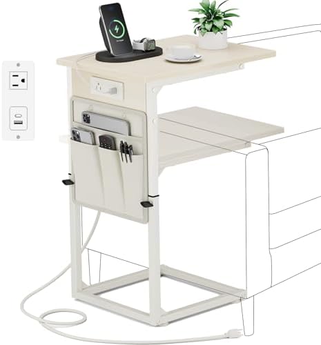 Vagusicc C Shaped End Table with Charging Station, Adjustable Height Side Table for Couch, Small Sofa Table C Table End Table, Slide Under Couch Table TV Tray Arm Table for Living Room, Bedroom, Cream by Vagusicc