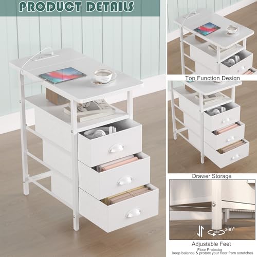 sthmec End Table with Charging Station, Side Tables Livingroom with USB Ports and Outlets,Narrow Nightstands Bedside Tables with 3 Drawers PU Finish for Small Space,Slim Sofa Table Bedroom,White - Image 5