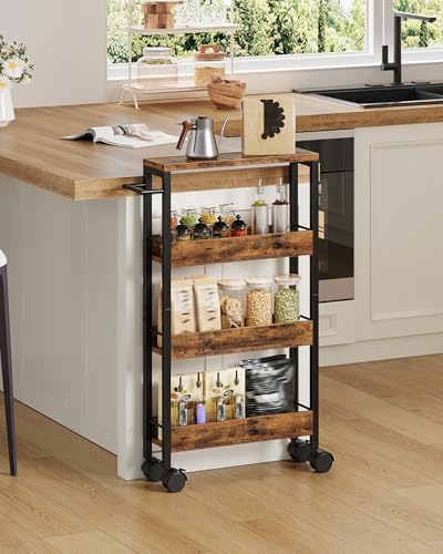 CHOEZON 4-Tier Slim Storage Cart, 5.1'' Kitchen Serving Trolley, Slim Rolling Cart with Handle and Guard Rails, Slim Cabinet for Small Spaces, for Dining Room, Rustic Brown and Black TTC01BF - Image 3
