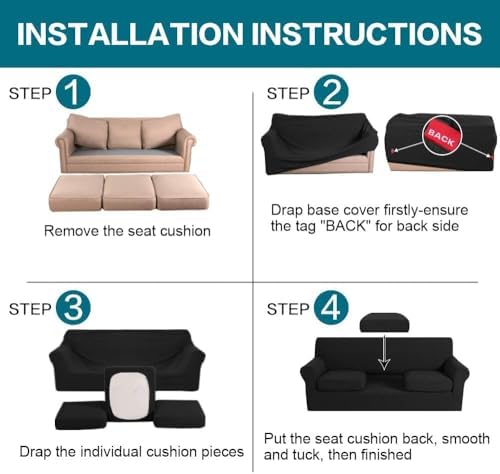 Turquoize 4 Piece Sofa Covers for 3 Cushion Couch Sofa Slipcover Soft Couch Cover for Dogs Washable Furniture Cover with 3 Individual Large Cushion Covers Feature Fabric (Large Sofa, Black) - Image 6