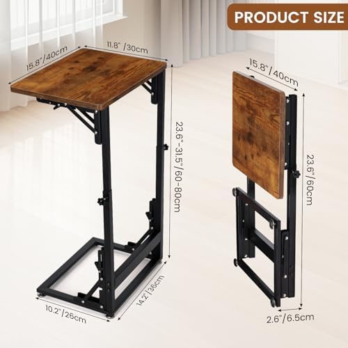 Folding Side Table, Adjustable C-Shaped End Table for Couch, Metal Frame TV Tray Table for Sofa Living Bedroom Bedside Coffee Small Spaces (Brown, 15.8" L x 11.8" W) - Image 2