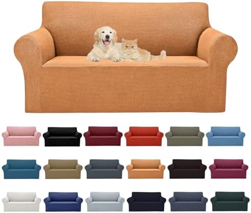 Cupuamon 2026 New Stretch Loveseat Sofa Slipcovers Couch Cover for 2 Cushion Furniture Protector Sofa Covers with Elastic Bottom Jacquard Fabric Small Checks for Pets, Kids - Golden by Cupuamon