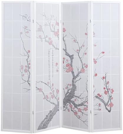 Roundhill Furniture White Japanese 4-Panel Screen Room Divider, Plum Blossom - Image 5