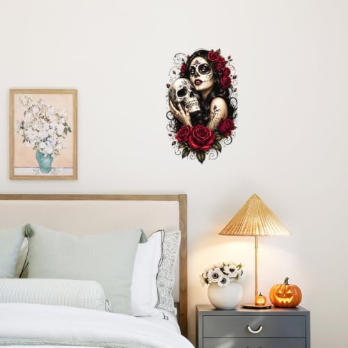 Sugar Skull Woman Wall Decals Peel and Stick Gothic Floral Wall Stickers, Day of the Dead Style Removable Vinyl Wall Decor, Rose Skull Wall Art for Bedroom Living Room Halloween Party Decorations - Image 6