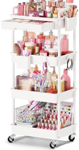 Goovilla Rolling Makeup Organizer Cart with Removable Drawer, 4 Tier White by Goovilla