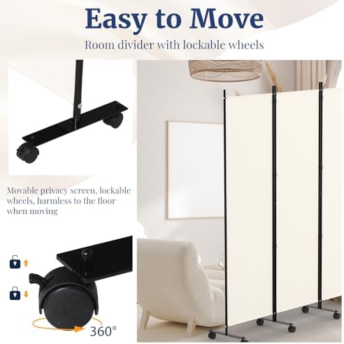 Kokorona 4 Panel Room Divider, 6FT Tall Rolling Privacy Screen with Lockable Wheels, Folding Wall Dividers Portable Room Divider for Room Separation, Included - Cover Strips, Beige, 88''W x 70''H - Image 4