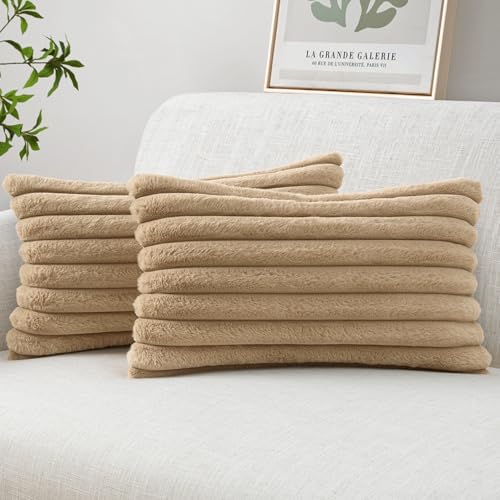 MIULEE Faux Fur Lumbar Decorative Throw Pillow Covers 12x20 Set of 2 Khaki by MIULEE