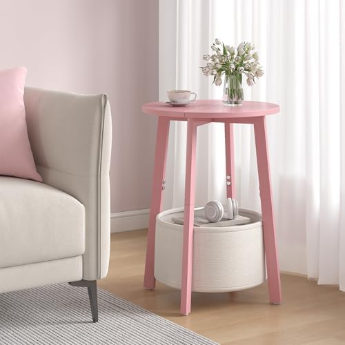 sthmec Small Round Side End Table with Cloth Storage Basket, Round Bedside Sofa Couch Coffee Tables for Small Places with Metal Frame, Modern Nighstands for Living Room Bedroom, Pink - Image 2