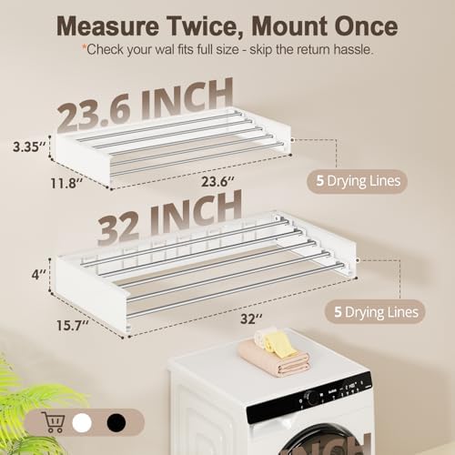 Wall Mounted Clothes Drying Rack Folding Indoor, Foldable Laundry Drying Rack Collapsible, Space Saving, Retractable Towel Drying Rack, with Wall Template(5 Drying Rods, White 23.6") - Image 3