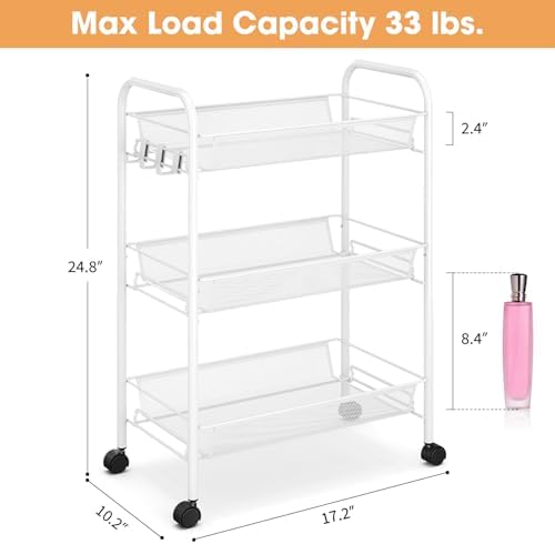 TOOLF 3 Tier Rolling Cart, Metal Utility Storage Cart with Wheels, White | 3 Hooks, Screwless Assembly, Trolley Organizer for Bathroom, Kitchen, Office, Nursery, Dorm, Laundry Room - Image 6