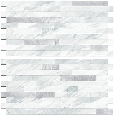 STICKGOO 2 Sheets Peel and Stick Backsplash Tile, Stick on Backsplash for Kitchen and Bathroom, Volakas White Look PVC Mixed Metal Silver Self Adhesive Wall Tiles by STICKGOO