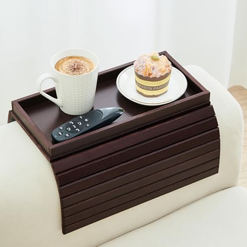 GEHE Bamboo Sofa Arm Tray, Foldable Couch Arm Tray Side Table, Anti-Falling Armrest Tables Cup Holder for Snacks, Drinks, Beers, Phone, Control, Flexible and Portable, Anti-Slip by GEHE