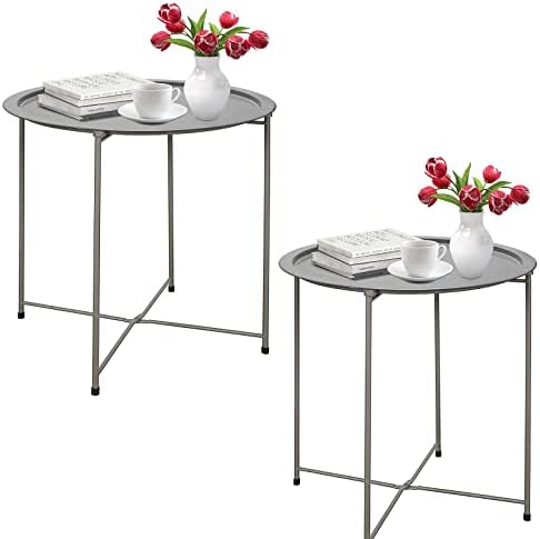 Garden 4 you Folding Tray Metal Side Table 2PC Grey Round End Table Cyan Sofa Small Accent Fold-able Table, Round End Table Tray, Next to Sofa Table, Snack Table for Living Room and Bed Room by Garden4you