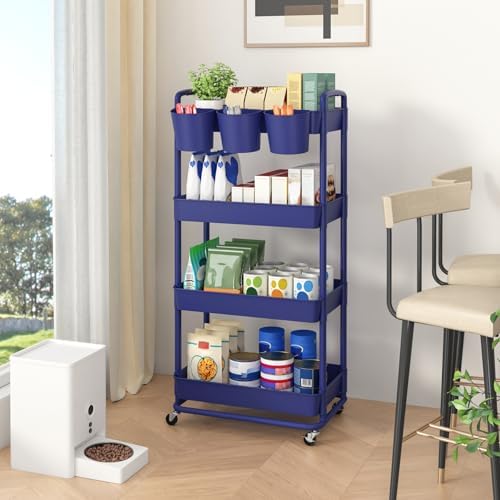 JIUYOTREE 4-Tier Plastic Rolling Storage Cart Utility Cart Blue - Image 4