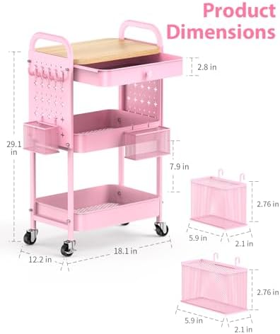 ALVOROG 3 Tier Metal Rolling Cart with Drawer,Wood Top,Pegboards,Pink - Image 5
