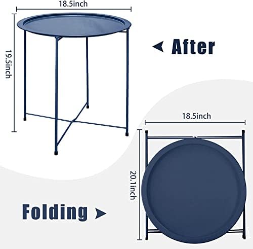 Garden 4 you End Table 2 PCS Metal Side Table Dark Blue Round Folding Tray Cyan Sofa Small Accent Fold-able Table, Round End Table Tray, Next to Sofa Table, Snack Table for Living Room and Bed Room - Image 3