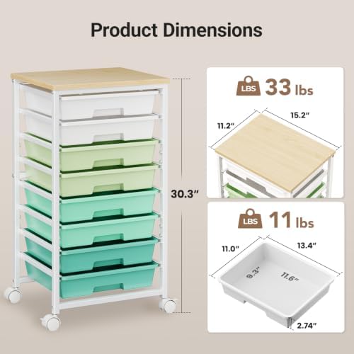 Pipishell Rolling Cart with 8 Drawers, Craft Storage Cart, Green Gradient - Image 4