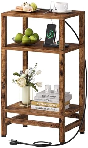Creso hom 3-Tier Tall Nightstand with Charging Station, Skinny Side Table by Cresohom