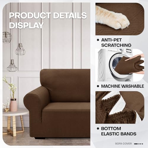 ZNSAYOTX 1 Piece Jacquard Couch Covers for 3 Cushion Couch Living Room High Stretch Sofa Cover Pets Dogs Friendly Anti Slip Thickened Slipcovers Furniture Protector (Large, New Pattern Coffee) - Image 3